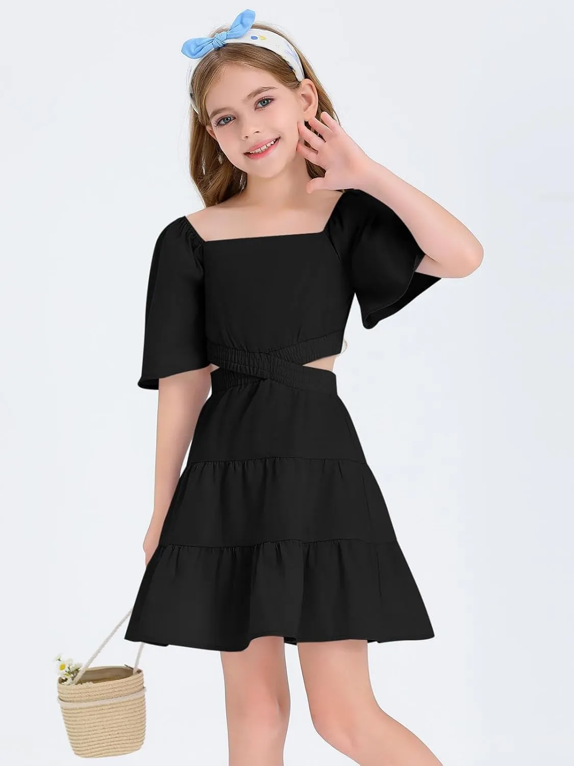 Batermoon Girls Summer Dress Square Neck Short Sleeve Crossover Waist Casual A-line Mini Dress