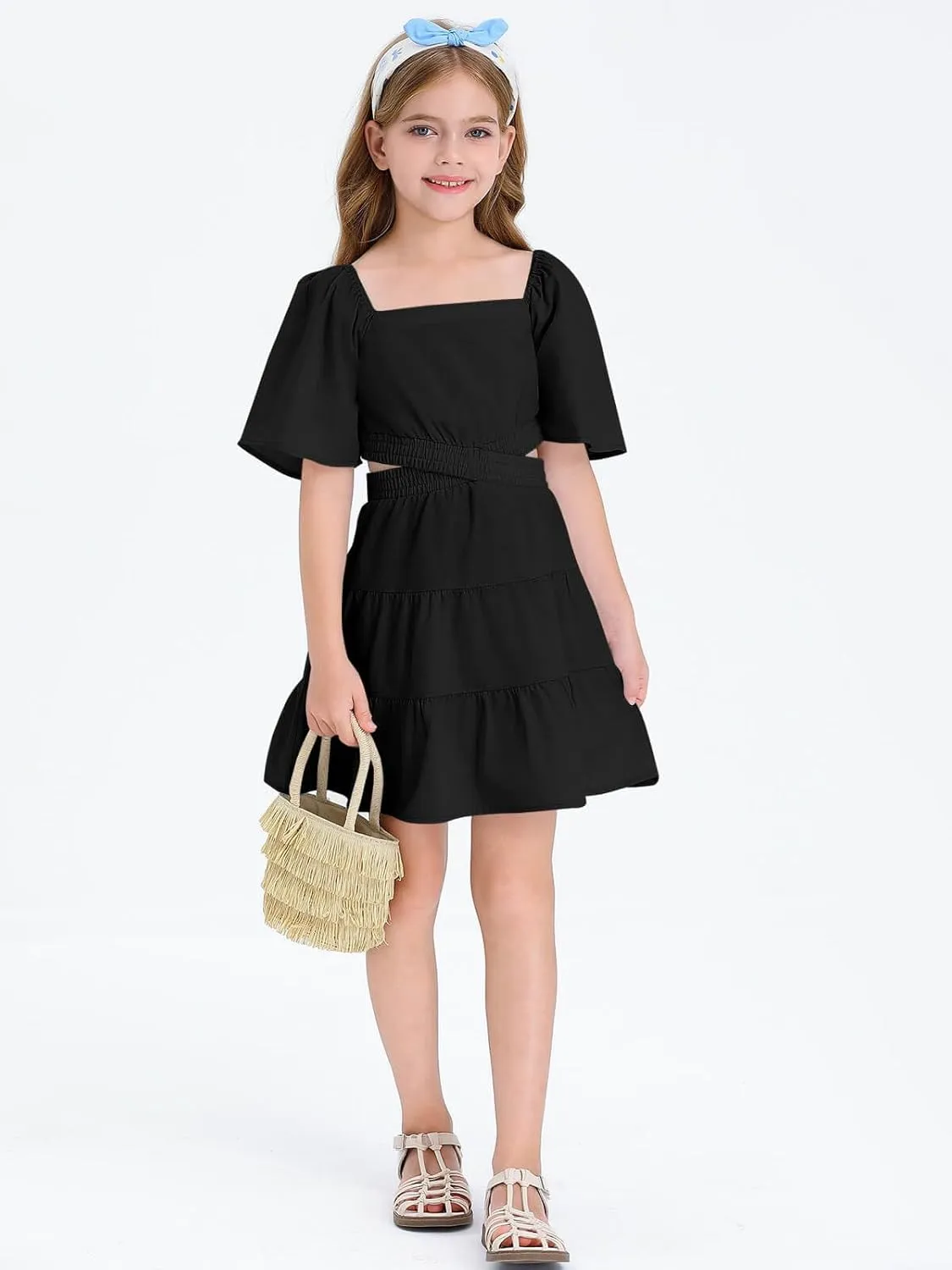 Batermoon Girls Summer Dress Square Neck Short Sleeve Crossover Waist Casual A-line Mini Dress
