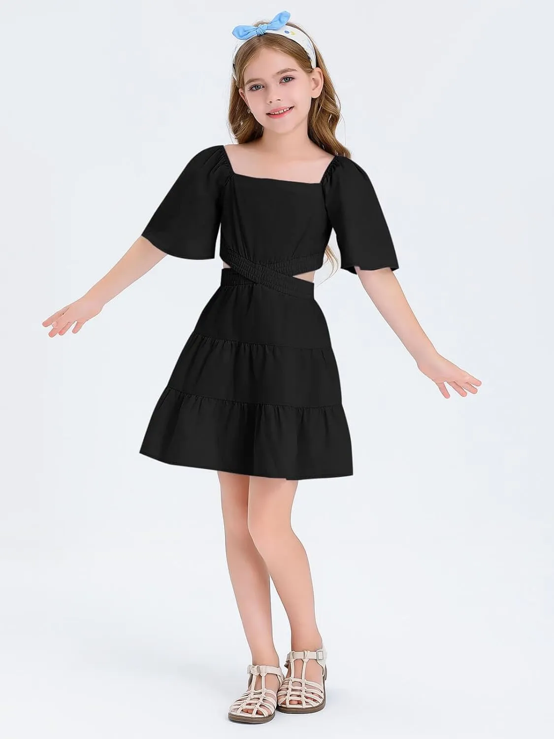 Batermoon Girls Summer Dress Square Neck Short Sleeve Crossover Waist Casual A-line Mini Dress