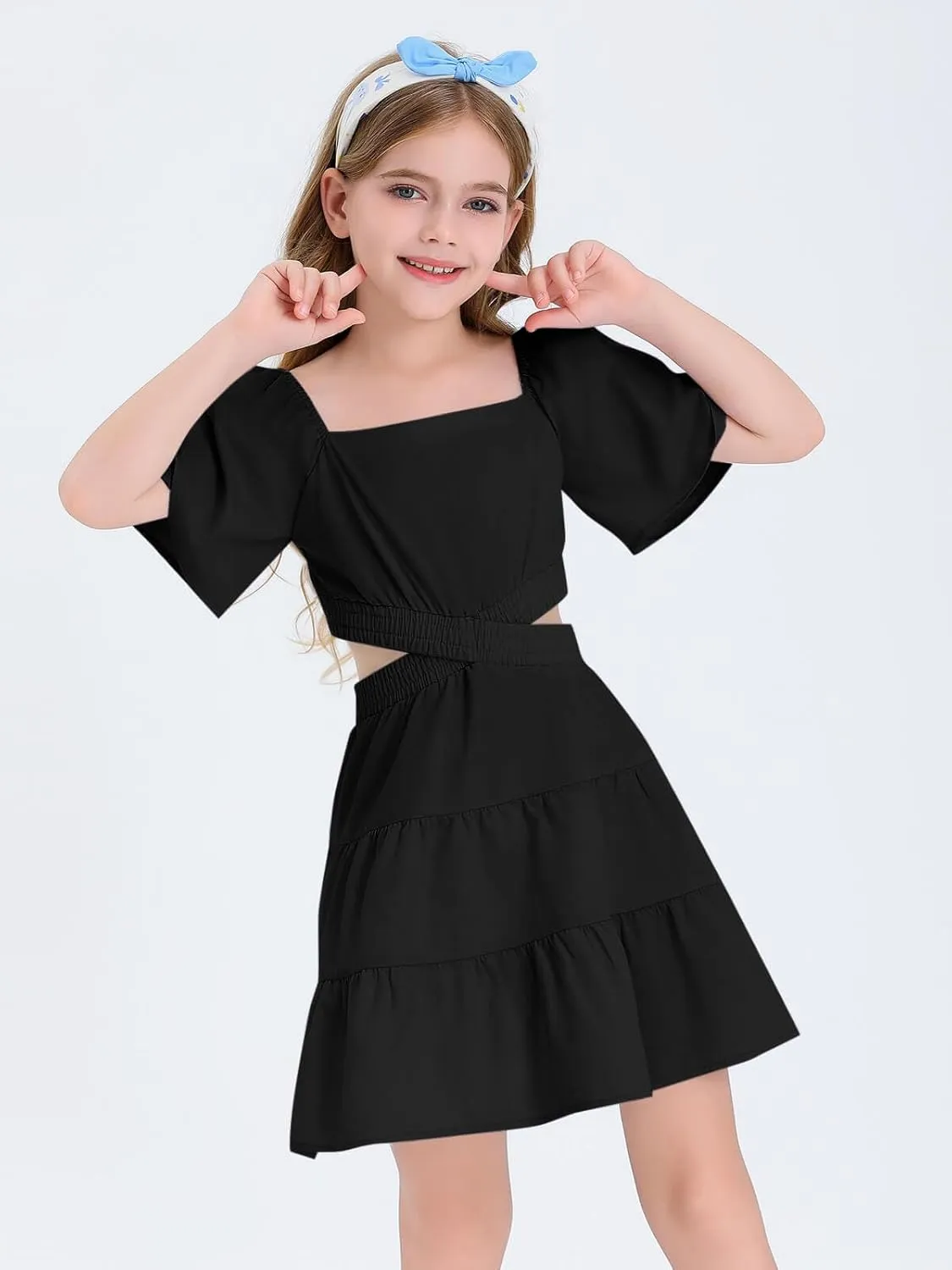 Batermoon Girls Summer Dress Square Neck Short Sleeve Crossover Waist Casual A-line Mini Dress