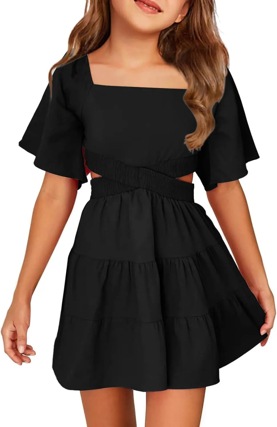 Batermoon Girls Summer Dress Square Neck Short Sleeve Crossover Waist Casual A-line Mini Dress
