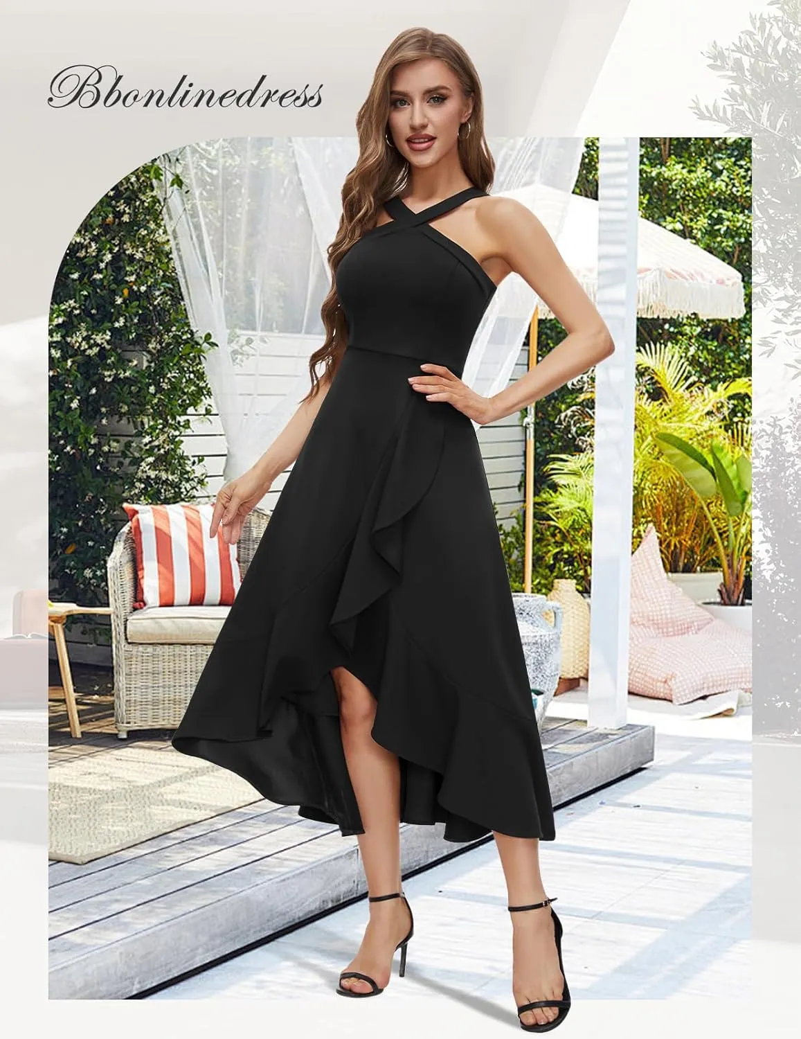 Bbonlinedress Halter Cocktail Women Dresses Prom Formal Wedding Bridesmaid Dress Ruffled Maxi Hi-Lo Evening Party 2025 Dress