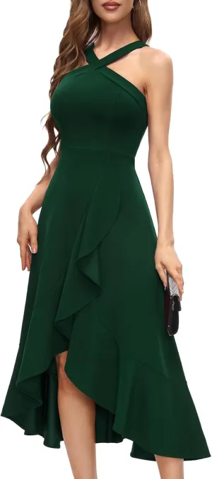 Bbonlinedress Halter Cocktail Women Dresses Prom Formal Wedding Bridesmaid Dress Ruffled Maxi Hi-Lo Evening Party 2025 Dress