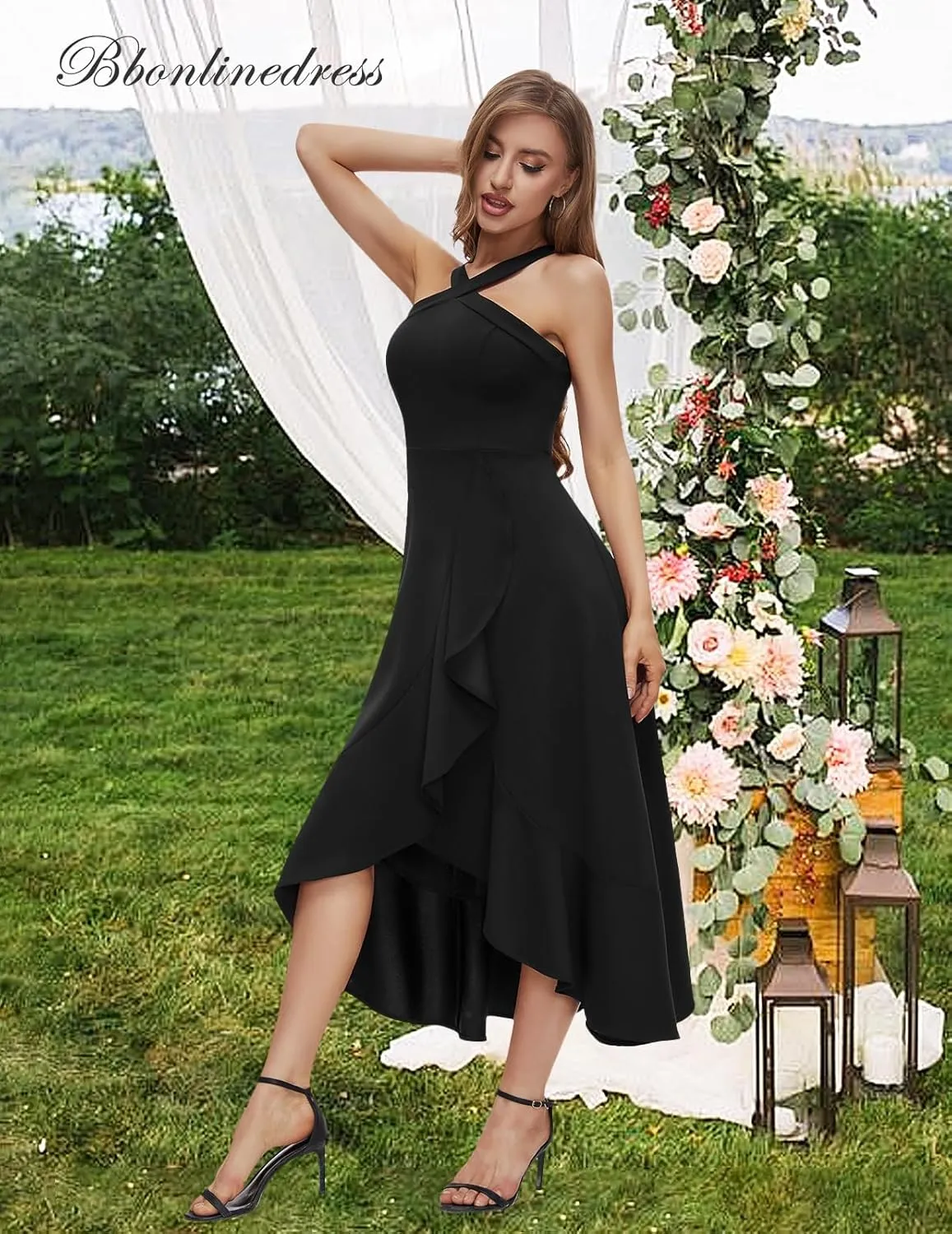 Bbonlinedress Halter Cocktail Women Dresses Prom Formal Wedding Bridesmaid Dress Ruffled Maxi Hi-Lo Evening Party 2025 Dress