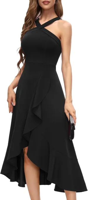 Bbonlinedress Halter Cocktail Women Dresses Prom Formal Wedding Bridesmaid Dress Ruffled Maxi Hi-Lo Evening Party 2025 Dress