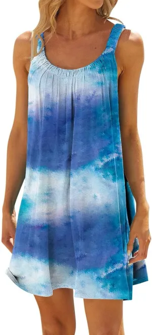 Beach Dress for Women Sleeveless Crewneck Boho Dresses Pleated Flowy Short Vacation Sundress Swimwear Cover Ups