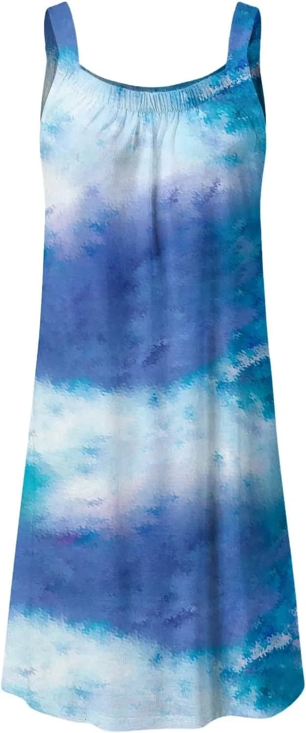 Beach Dress for Women Sleeveless Crewneck Boho Dresses Pleated Flowy Short Vacation Sundress Swimwear Cover Ups