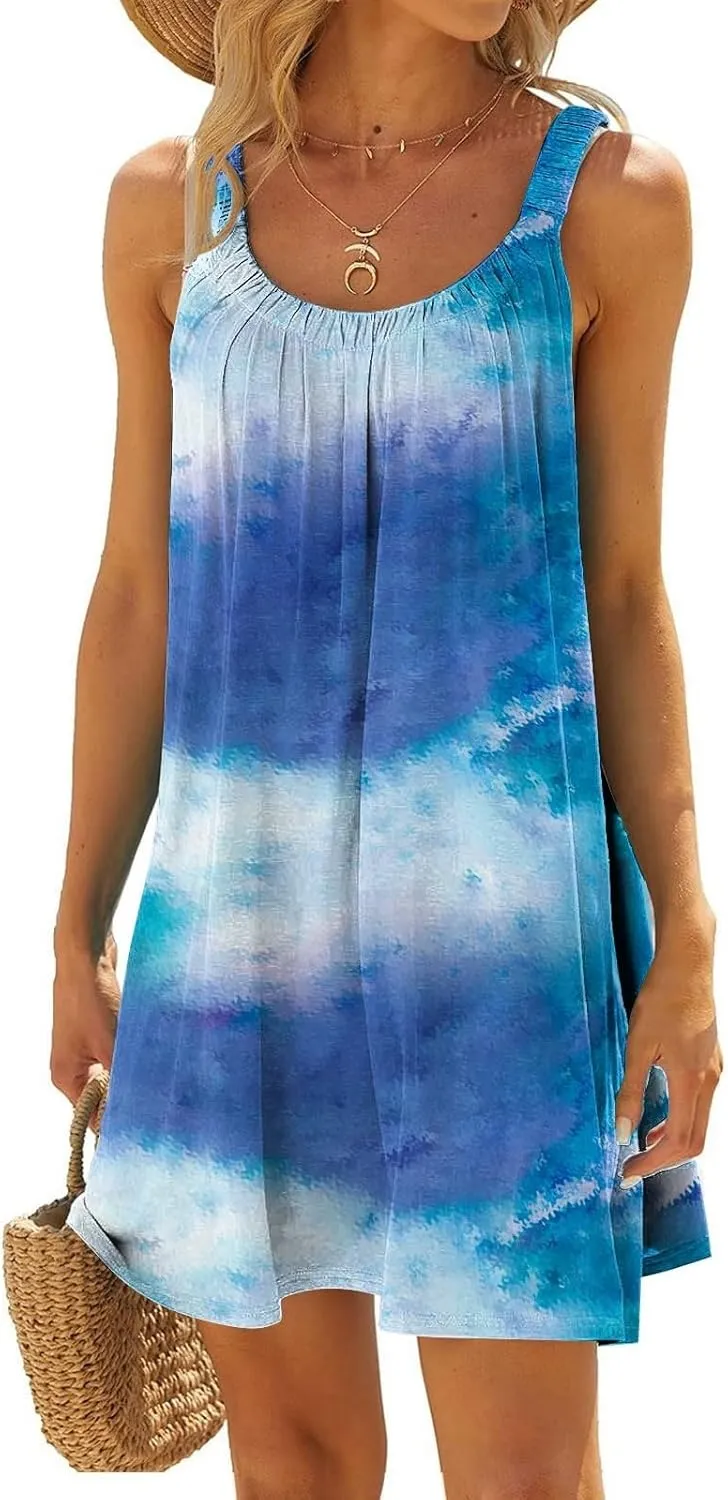 Beach Dress for Women Sleeveless Crewneck Boho Dresses Pleated Flowy Short Vacation Sundress Swimwear Cover Ups