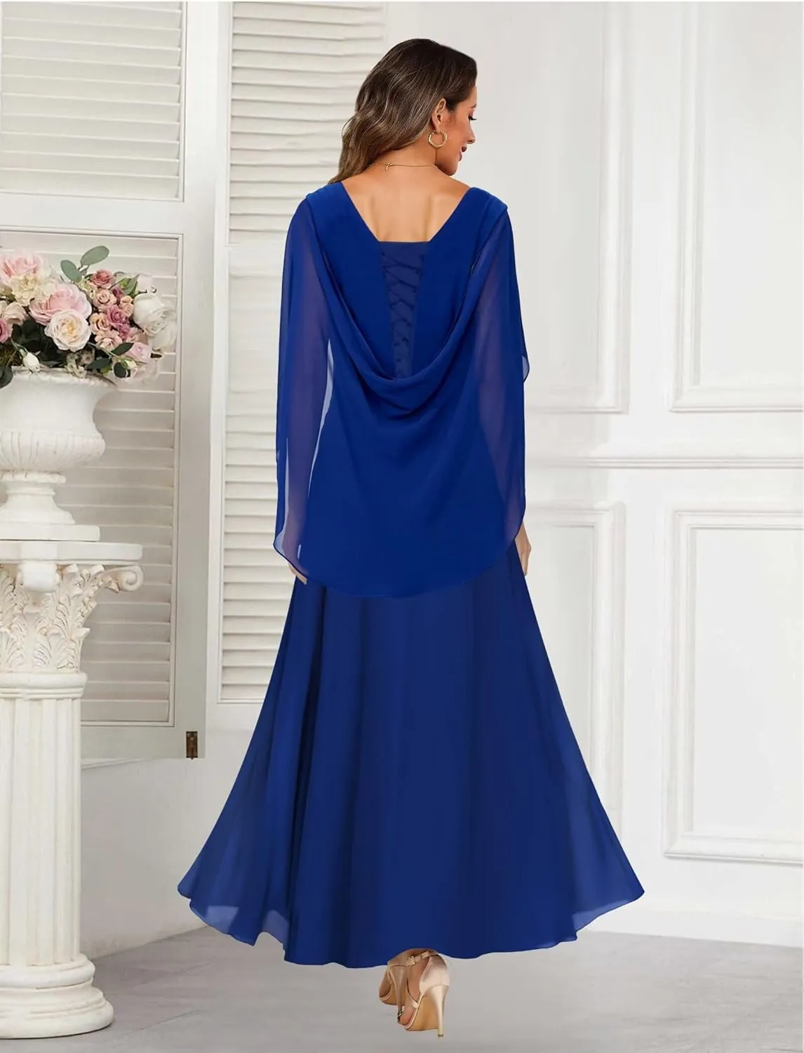 Beaded Mother of The Bride Dress Long Simple Cap Sleeve Formal Evening Gown QA225