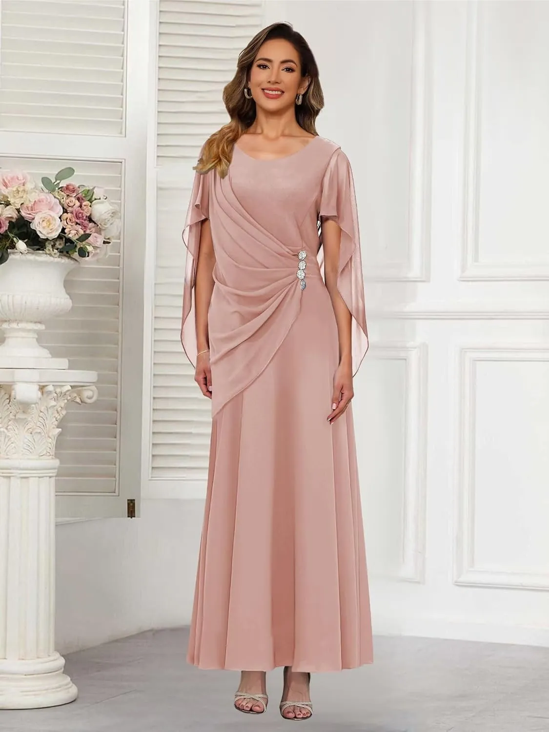 Beaded Mother of The Bride Dress Long Simple Cap Sleeve Formal Evening Gown QA225