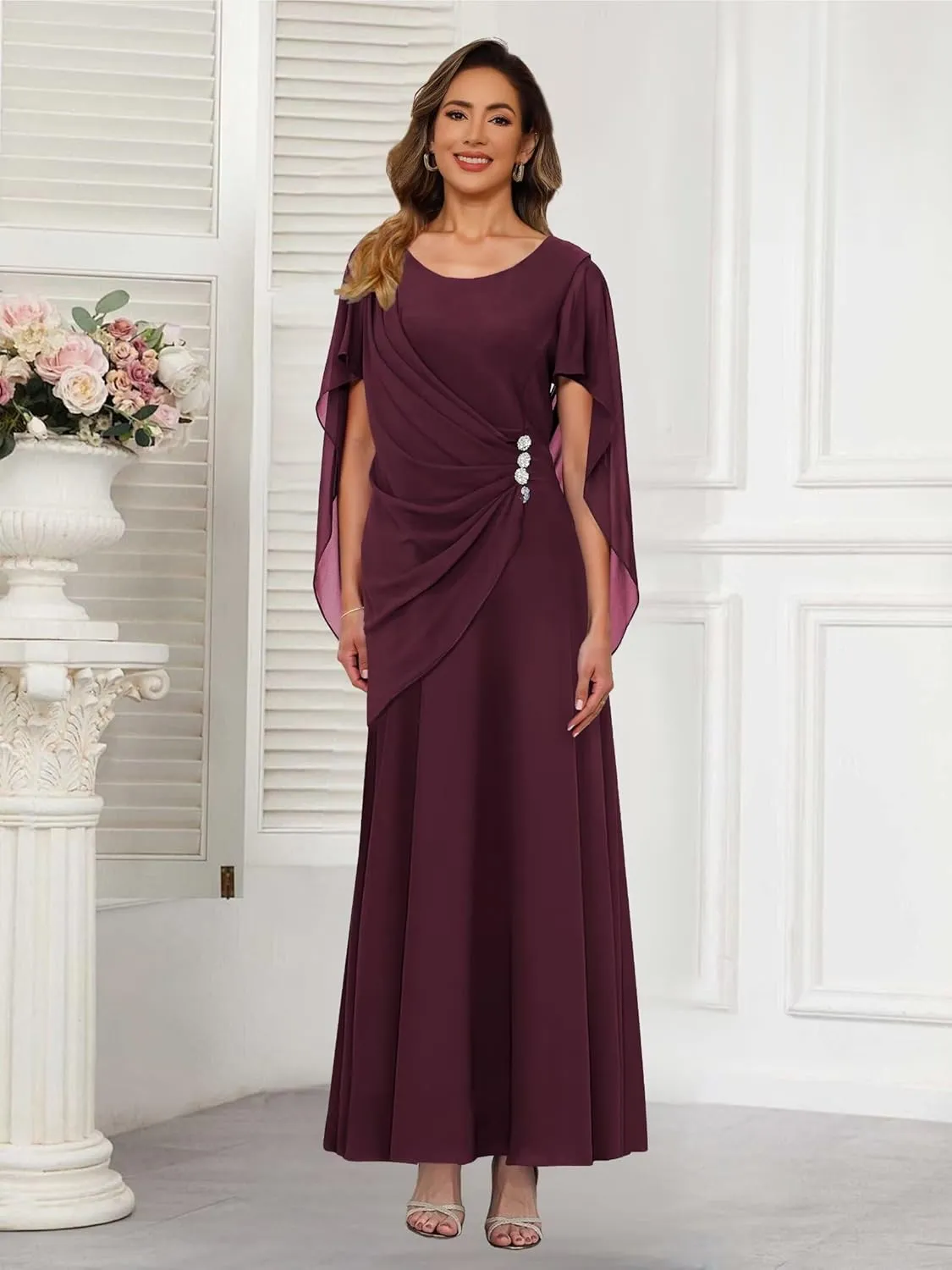 Beaded Mother of The Bride Dress Long Simple Cap Sleeve Formal Evening Gown QA225