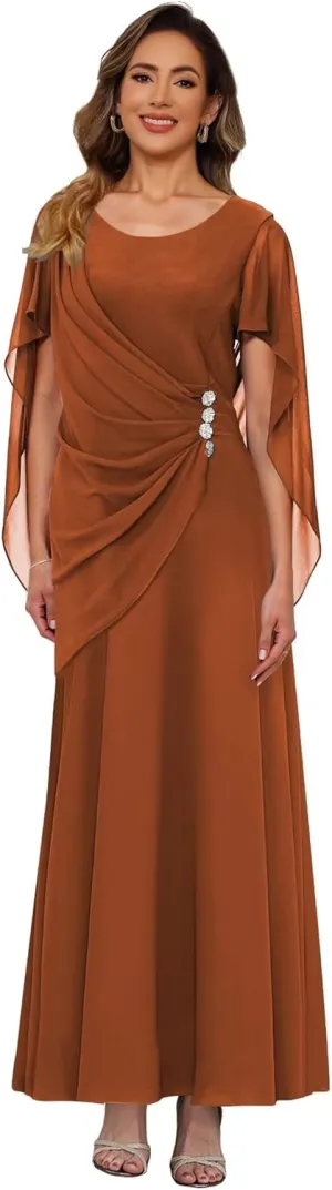 Beaded Mother of The Bride Dress Long Simple Cap Sleeve Formal Evening Gown QA225