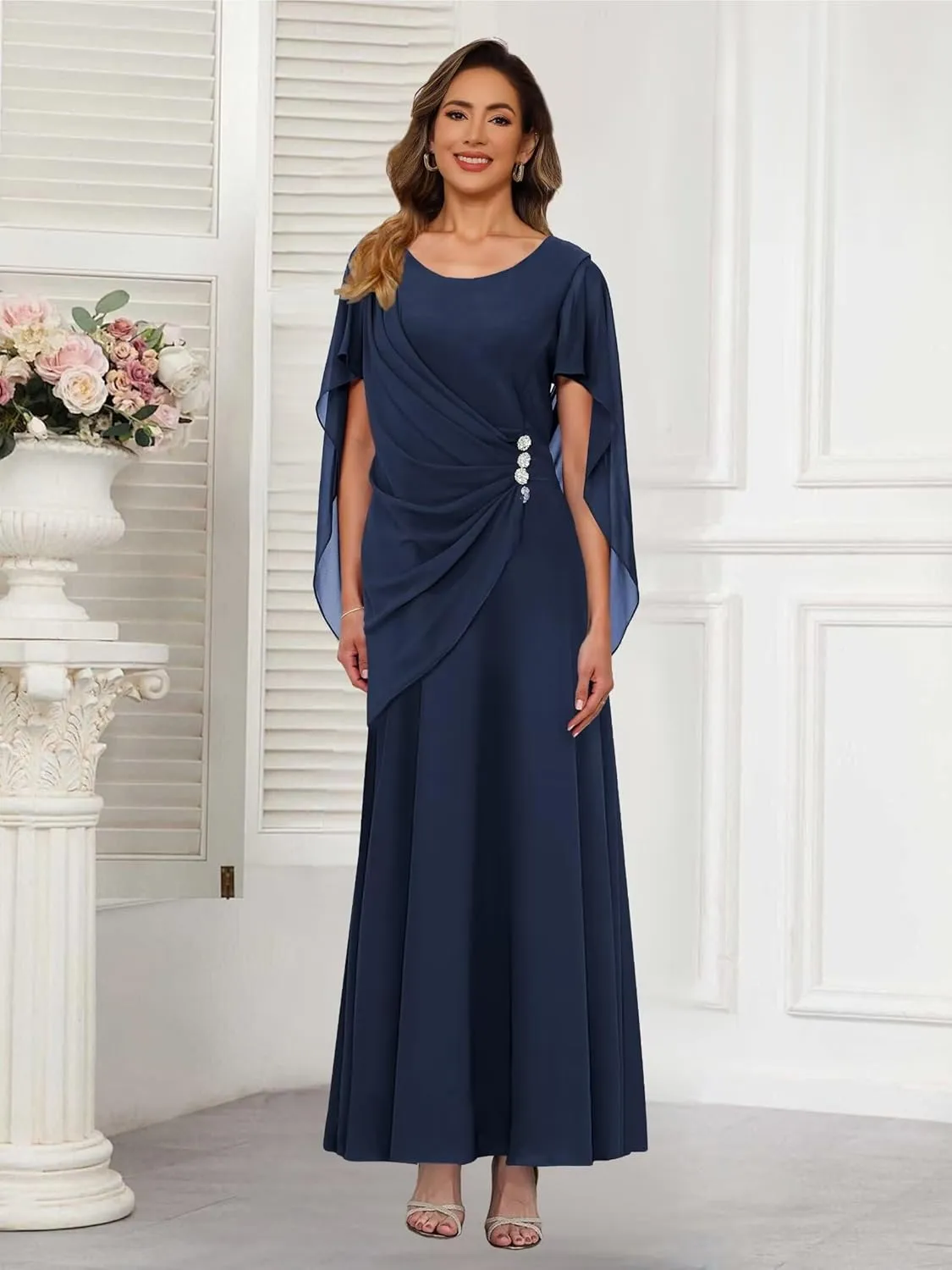 Beaded Mother of The Bride Dress Long Simple Cap Sleeve Formal Evening Gown QA225
