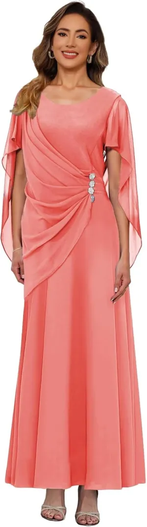 Beaded Mother of The Bride Dress Long Simple Cap Sleeve Formal Evening Gown QA225