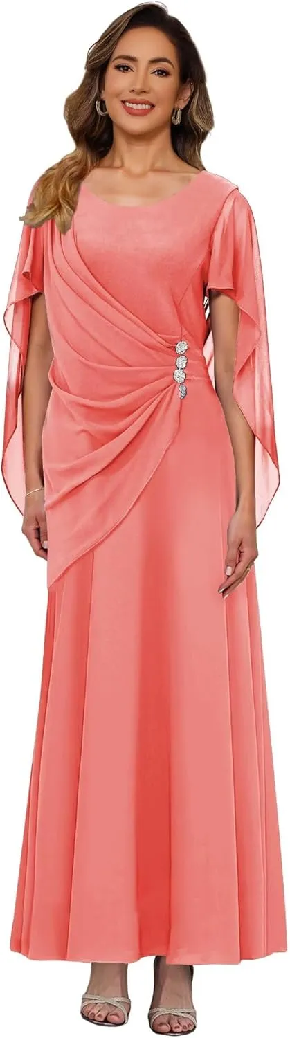 Beaded Mother of The Bride Dress Long Simple Cap Sleeve Formal Evening Gown QA225