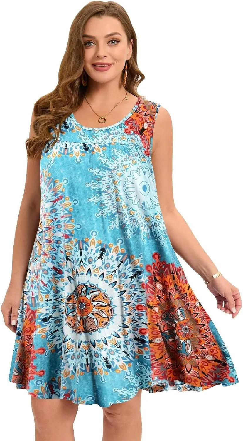 BELAROI Women Plus Size Summer Dresses Sundress Casual Scoop Neck Pleated Sleeveless Tank Dress Cover Ups with Pockets