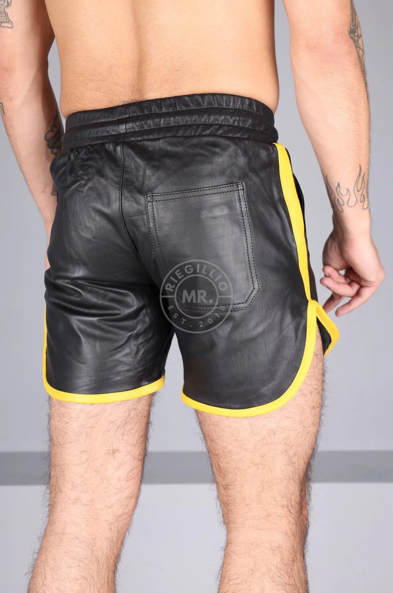 Berlin Black Leather Sport Short - Yellow Piping