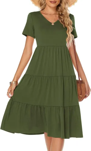 Berydress Women's Casual Summer Tiered Midi Dress 2025 Short Sleeve V-Neck Loose Cotton Ruffle Babydoll Dress Boho Sundress