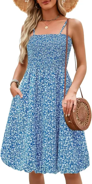 Berydress Womens Summer Smocked Sun Dress with Pockets 2025 Trendy Spaghetti Strap Boho Beach Casual Midi Bubble Dresses
