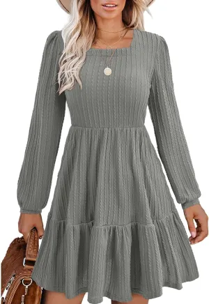 BIUBIU Women's Casual Knit Sweater Dress Square Neck Long Sleeve Knee Length Babydoll Dresses Trendy 2024
