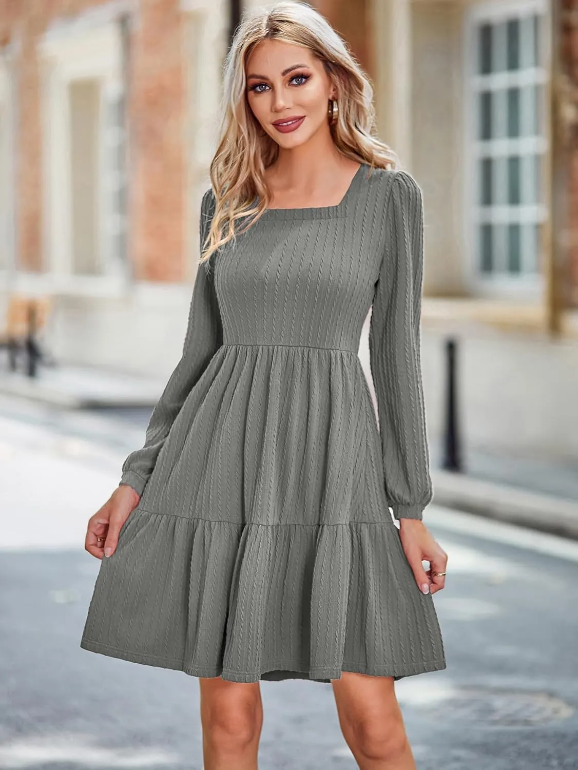 BIUBIU Women's Casual Knit Sweater Dress Square Neck Long Sleeve Knee Length Babydoll Dresses Trendy 2024