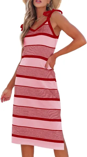 BLENCOT Womens Summer Dresses Sleeveless Casual Bow Tie Strap Long Spring Cute Knit Beach Striped Split Maxi Sundress