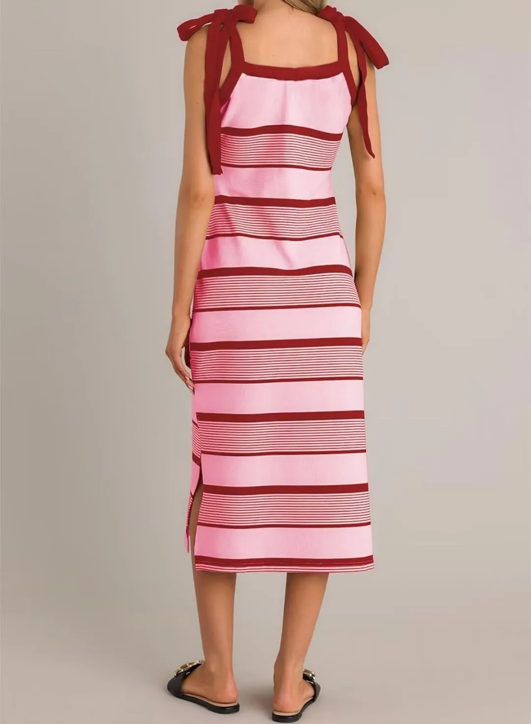 BLENCOT Womens Summer Dresses Sleeveless Casual Bow Tie Strap Long Spring Cute Knit Beach Striped Split Maxi Sundress