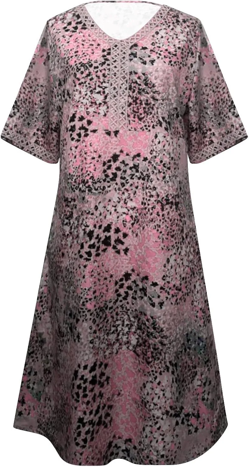 Boho Dress for Womens Plus Size Bohemian Midi Dresses Casual Loose V-Neck Short Sleeve Floral Print Beach Dress