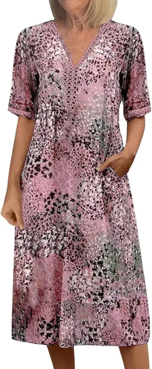 Boho Dress for Womens Plus Size Bohemian Midi Dresses Casual Loose V-Neck Short Sleeve Floral Print Beach Dress