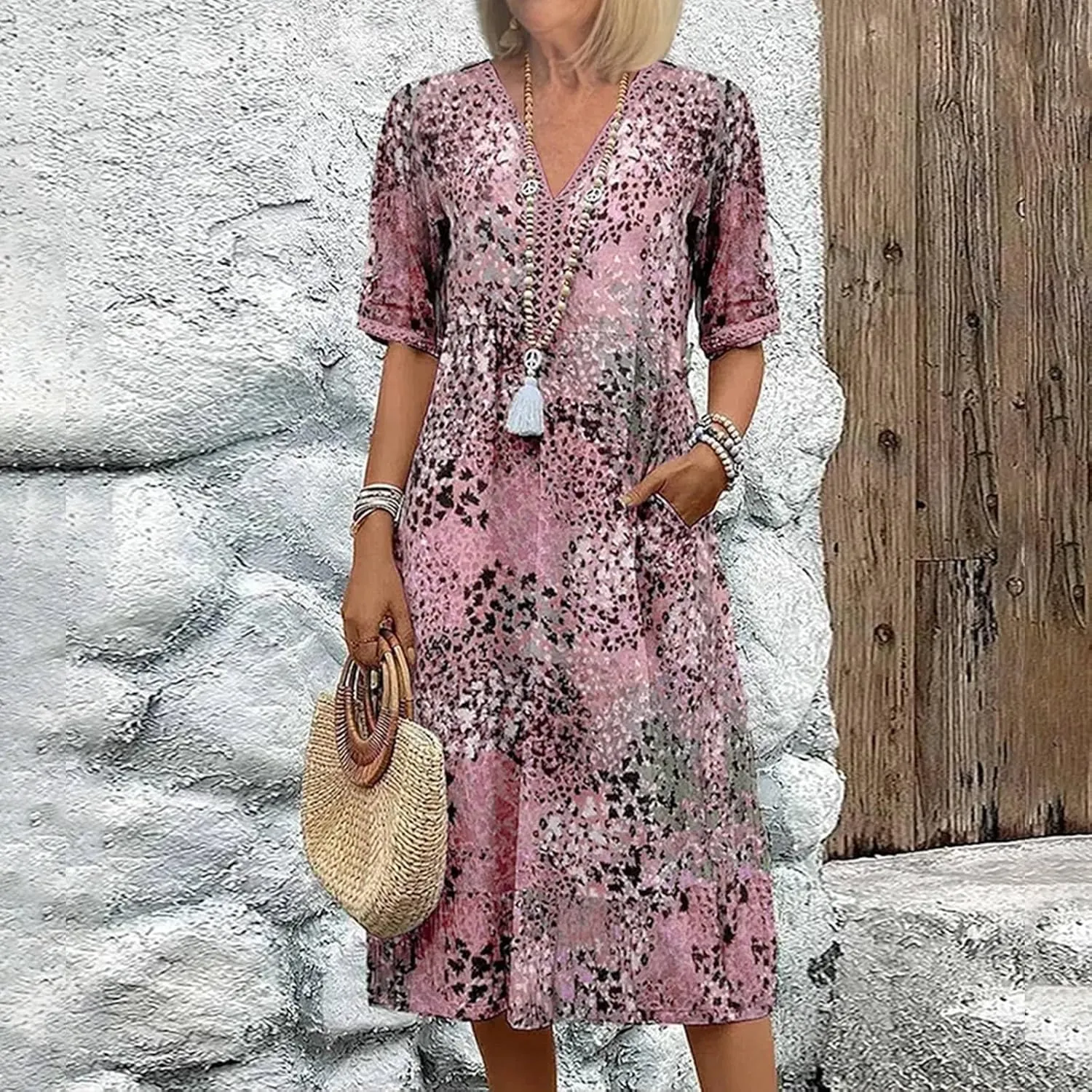 Boho Dress for Womens Plus Size Bohemian Midi Dresses Casual Loose V-Neck Short Sleeve Floral Print Beach Dress