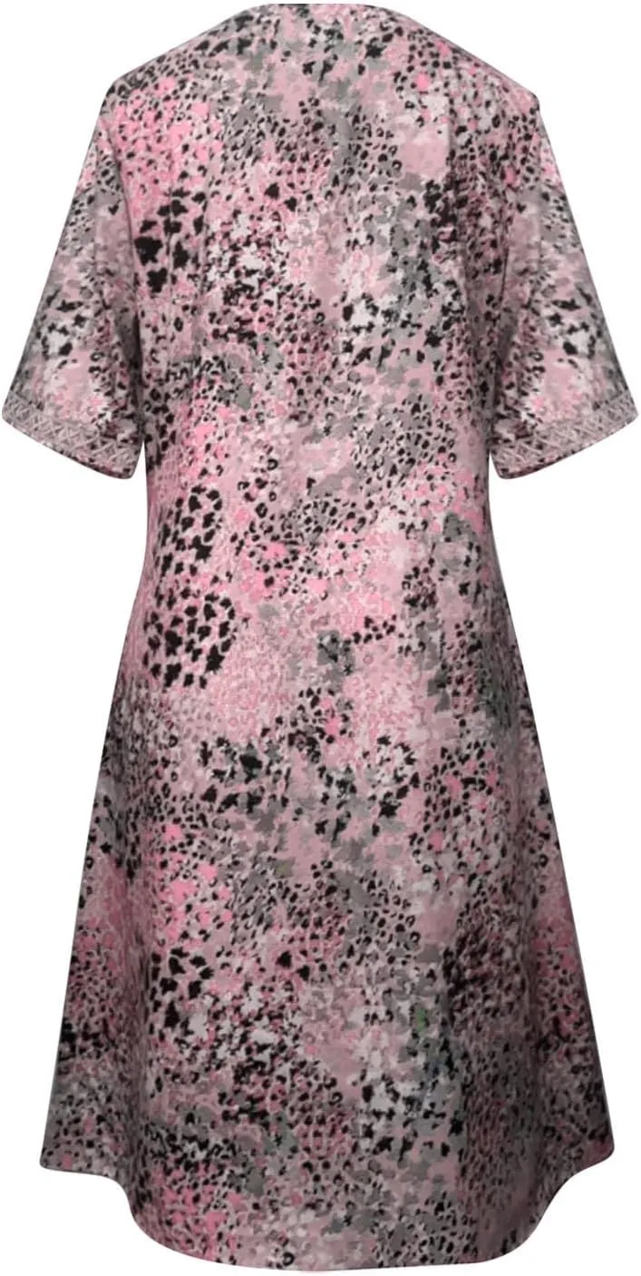 Boho Dress for Womens Plus Size Bohemian Midi Dresses Casual Loose V-Neck Short Sleeve Floral Print Beach Dress
