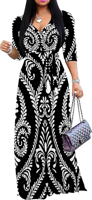 Boho Dress Summer Dresses for Women Clothing Long Floral V Neck Half Sleeve Sundress Beach Party Weeding