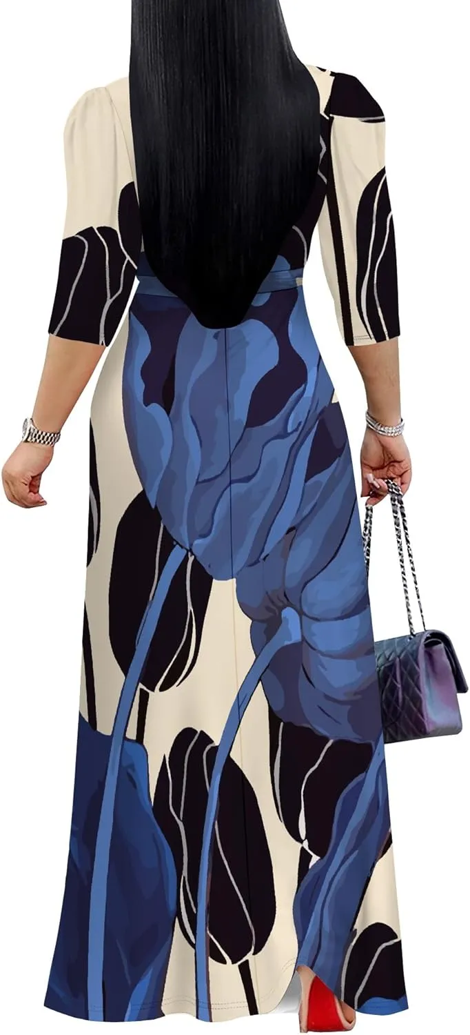 Boho Dress Summer Dresses for Women Clothing Long Floral V Neck Half Sleeve Sundress Beach Party Weeding