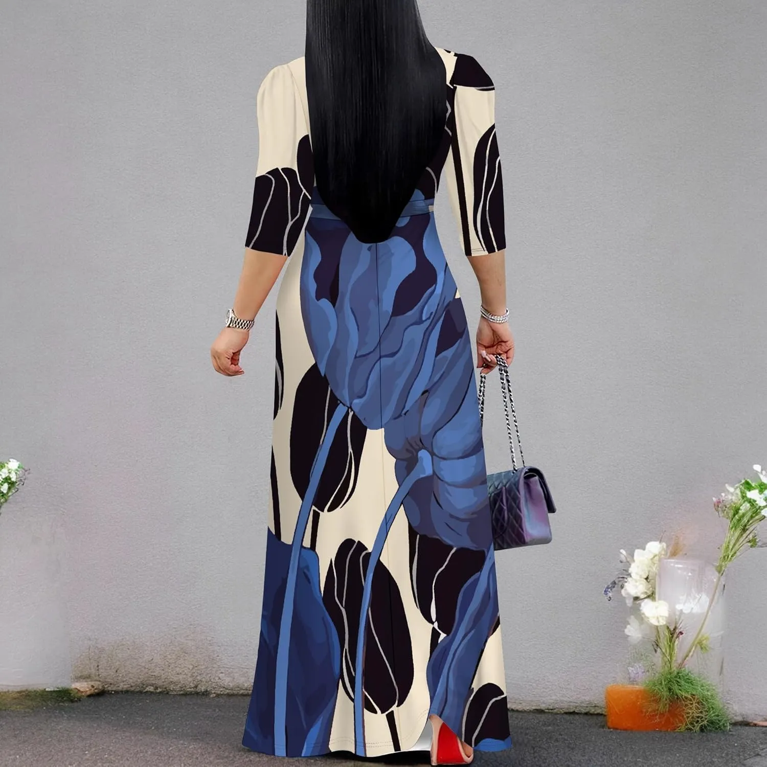 Boho Dress Summer Dresses for Women Clothing Long Floral V Neck Half Sleeve Sundress Beach Party Weeding