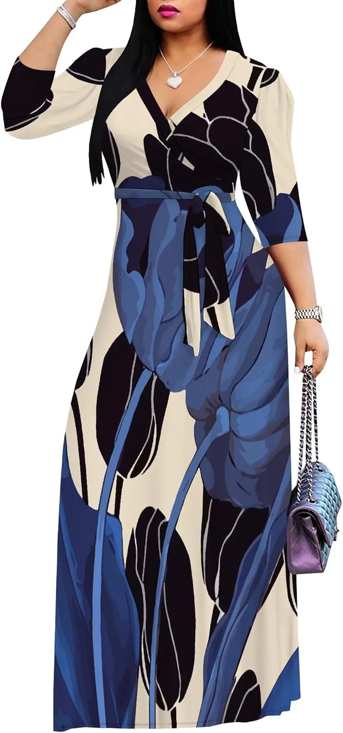Boho Dress Summer Dresses for Women Clothing Long Floral V Neck Half Sleeve Sundress Beach Party Weeding