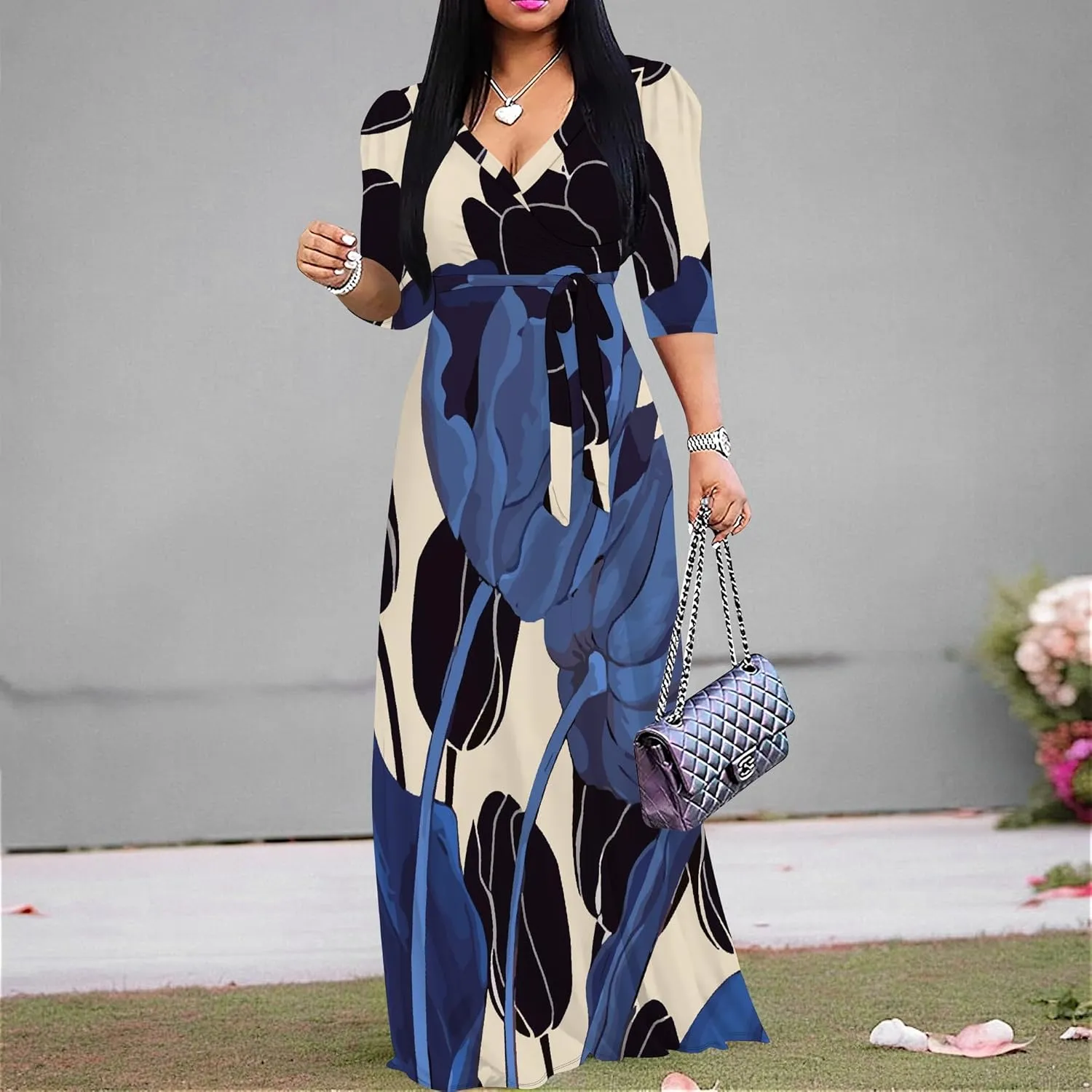 Boho Dress Summer Dresses for Women Clothing Long Floral V Neck Half Sleeve Sundress Beach Party Weeding