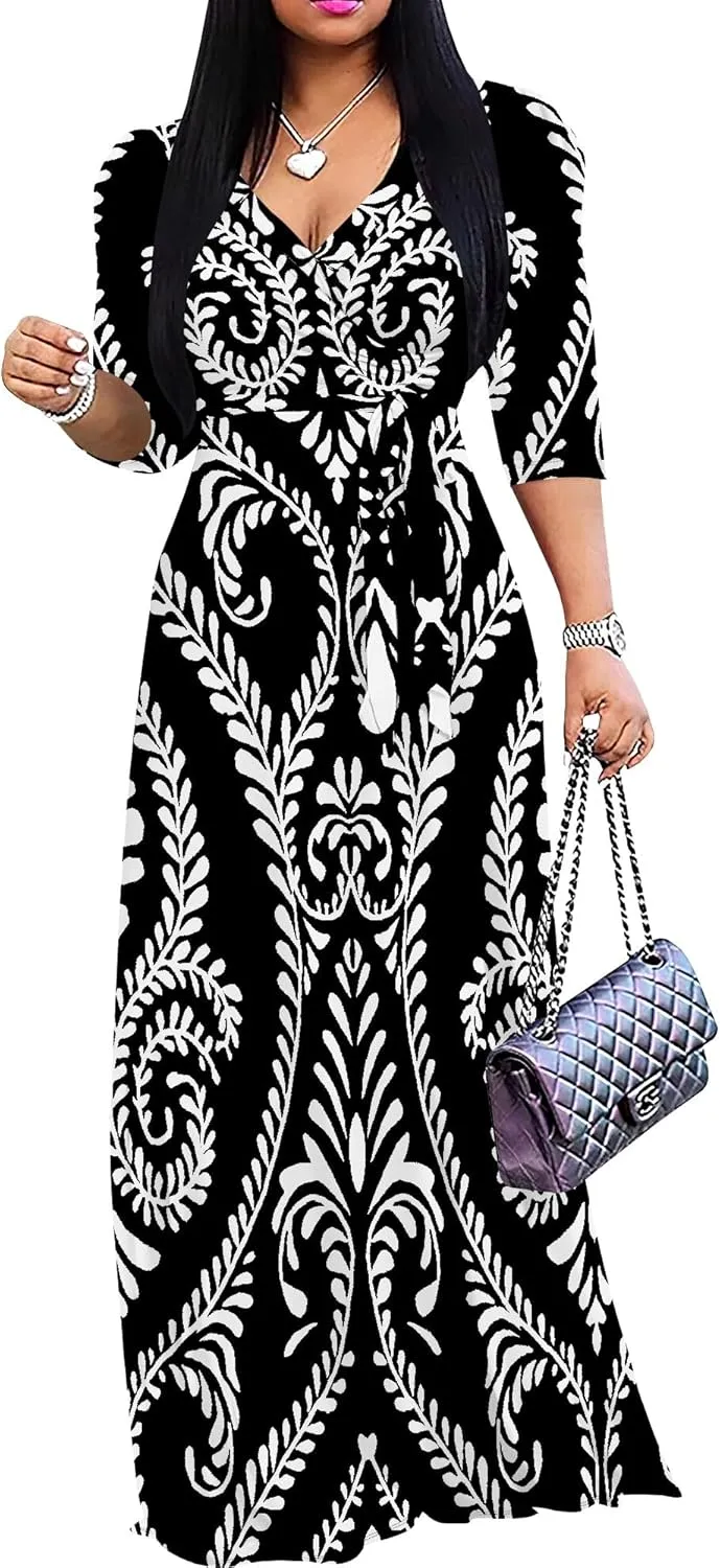 Boho Dress Summer Dresses for Women Clothing Long Floral V Neck Half Sleeve Sundress Beach Party Weeding