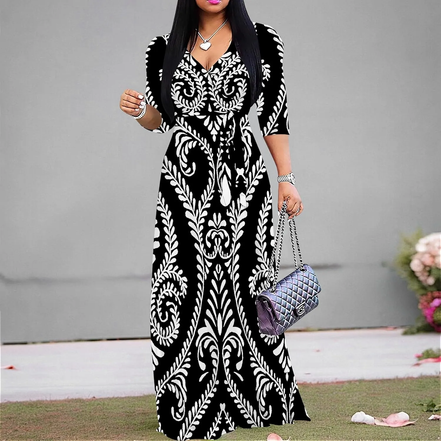 Boho Dress Summer Dresses for Women Clothing Long Floral V Neck Half Sleeve Sundress Beach Party Weeding