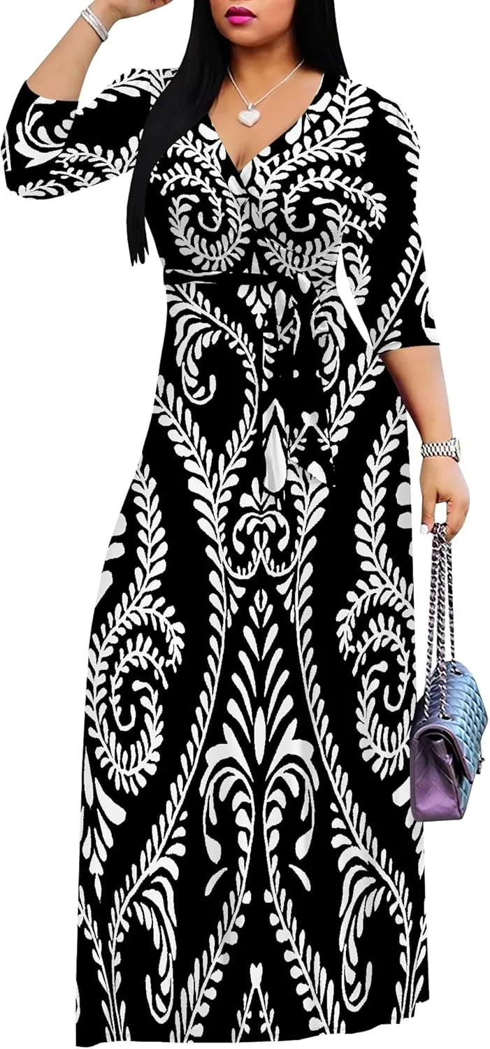 Boho Dress Summer Dresses for Women Clothing Long Floral V Neck Half Sleeve Sundress Beach Party Weeding