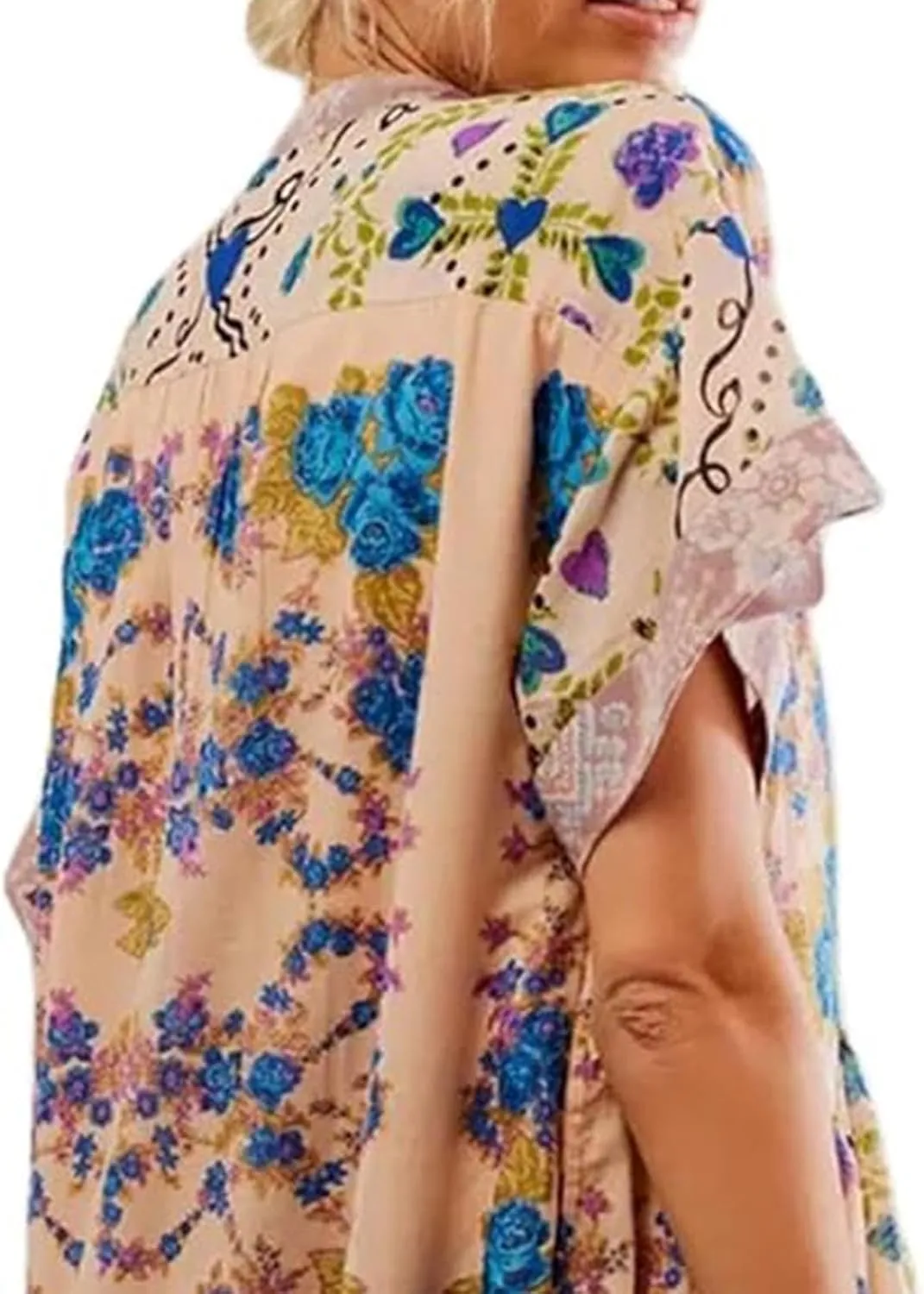 Boho Dresses for Women 2024 Patchwork Babydoll Dress Bohemian V Neck Colorful Sundresses Ruffle Flowy Mini Dress