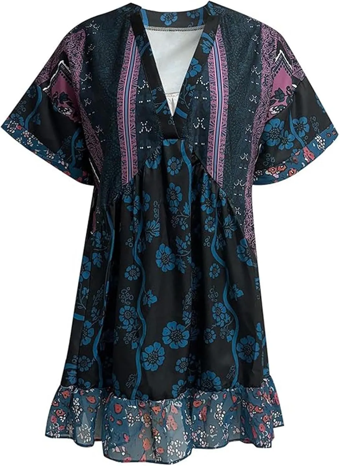 Boho Dresses for Women 2024 Patchwork Babydoll Dress Bohemian V Neck Colorful Sundresses Ruffle Flowy Mini Dress