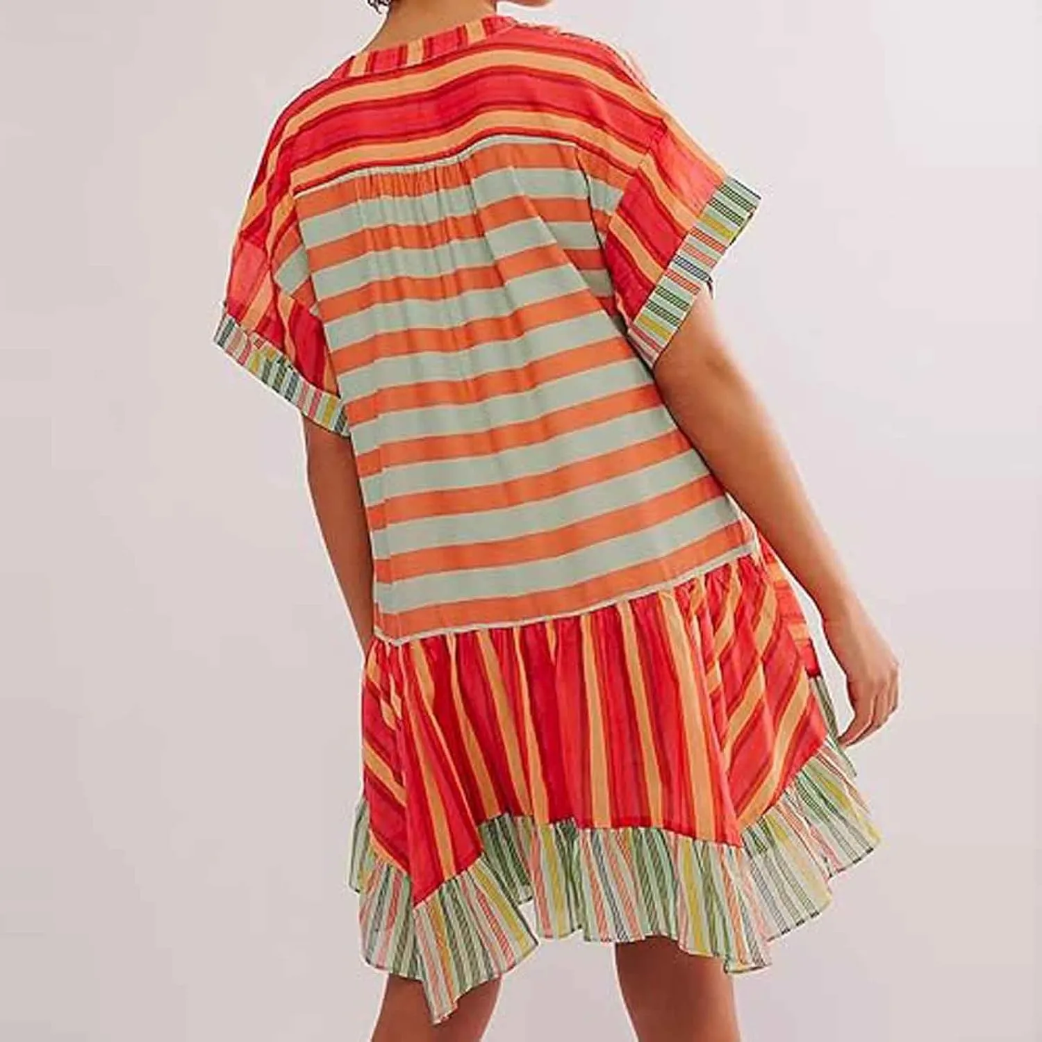 Boho Dresses for Women 2024 Patchwork Babydoll Dress Bohemian V Neck Colorful Sundresses Ruffle Flowy Mini Dress