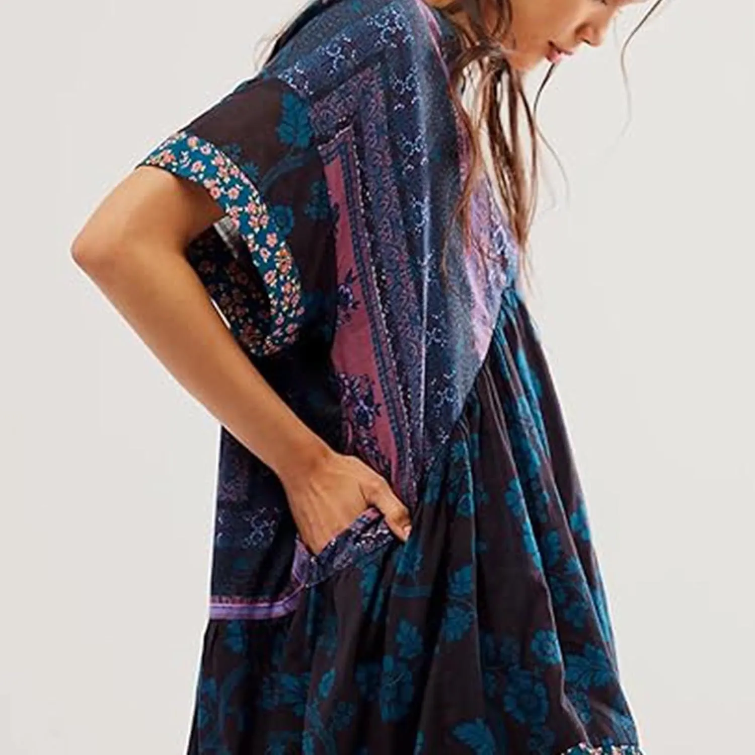 Boho Dresses for Women 2024 Patchwork Babydoll Dress Bohemian V Neck Colorful Sundresses Ruffle Flowy Mini Dress
