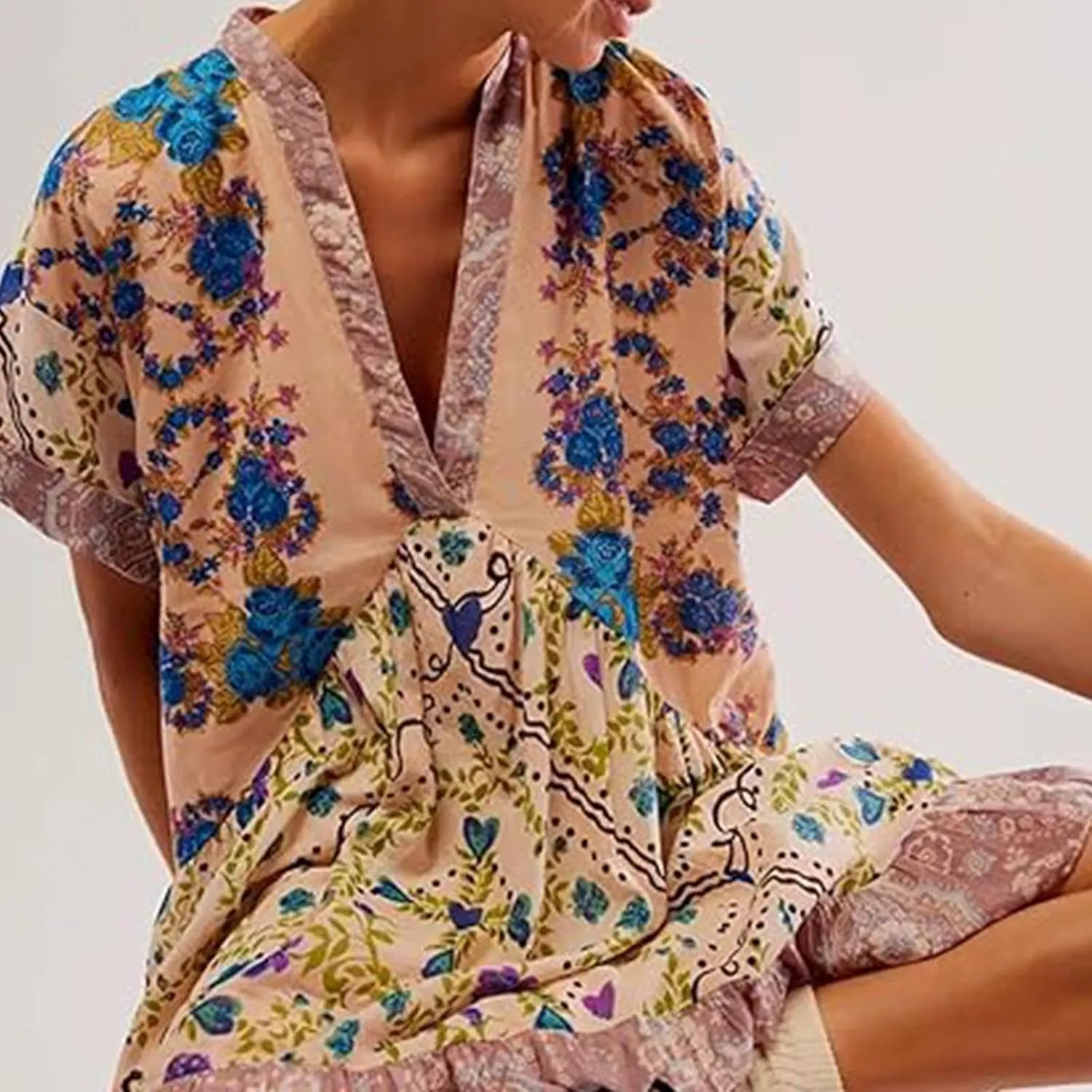 Boho Dresses for Women 2024 Patchwork Babydoll Dress Bohemian V Neck Colorful Sundresses Ruffle Flowy Mini Dress