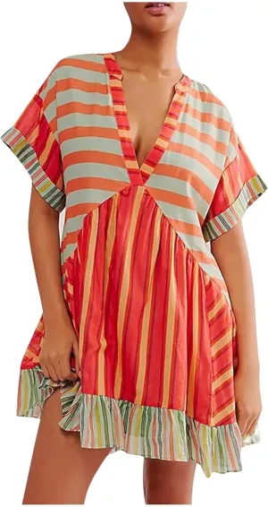 Boho Dresses for Women 2024 Patchwork Babydoll Dress Bohemian V Neck Colorful Sundresses Ruffle Flowy Mini Dress