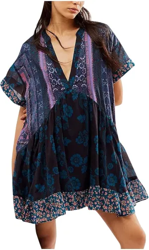Boho Dresses for Women 2024 Patchwork Babydoll Dress Bohemian V Neck Colorful Sundresses Ruffle Flowy Mini Dress