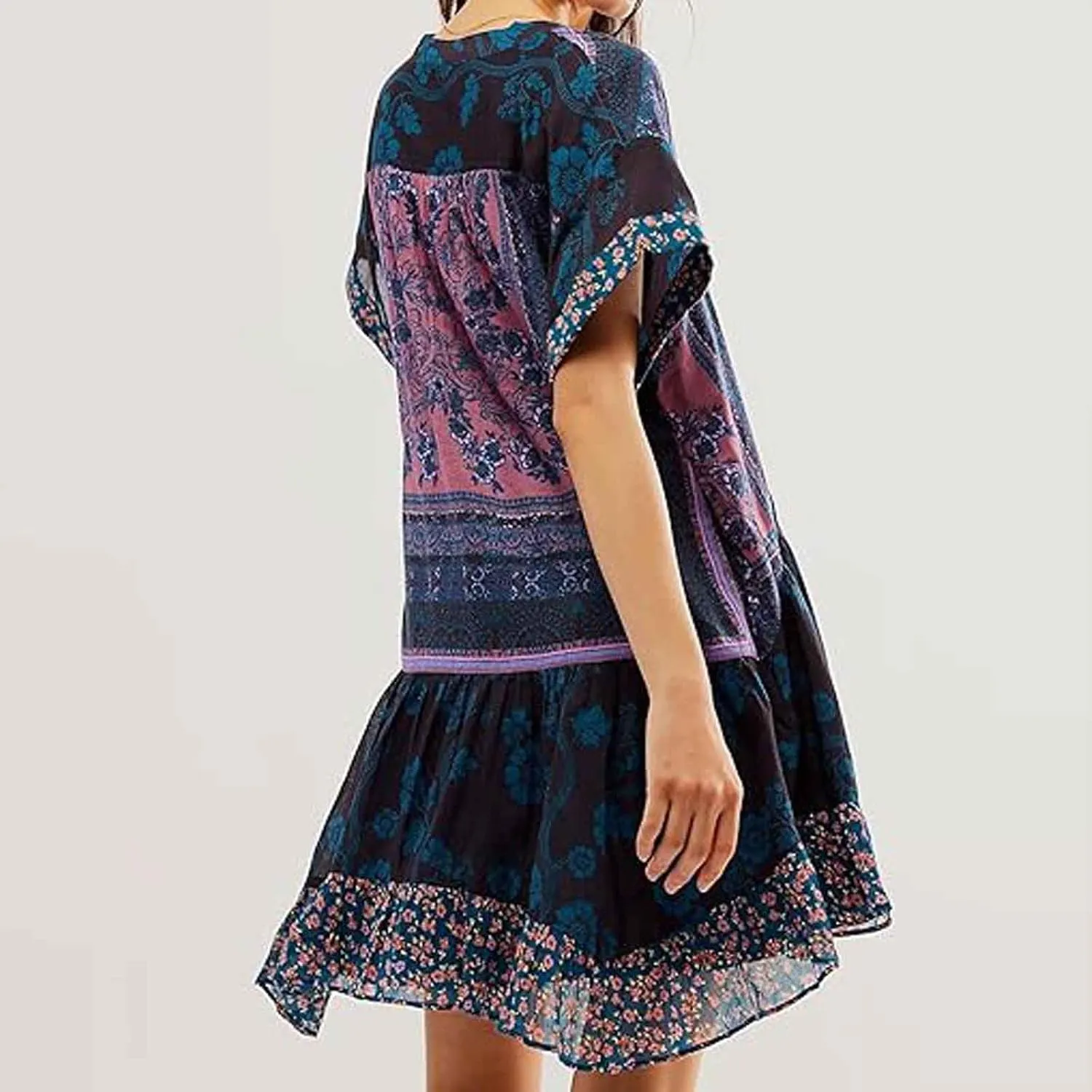 Boho Dresses for Women 2024 Patchwork Babydoll Dress Bohemian V Neck Colorful Sundresses Ruffle Flowy Mini Dress