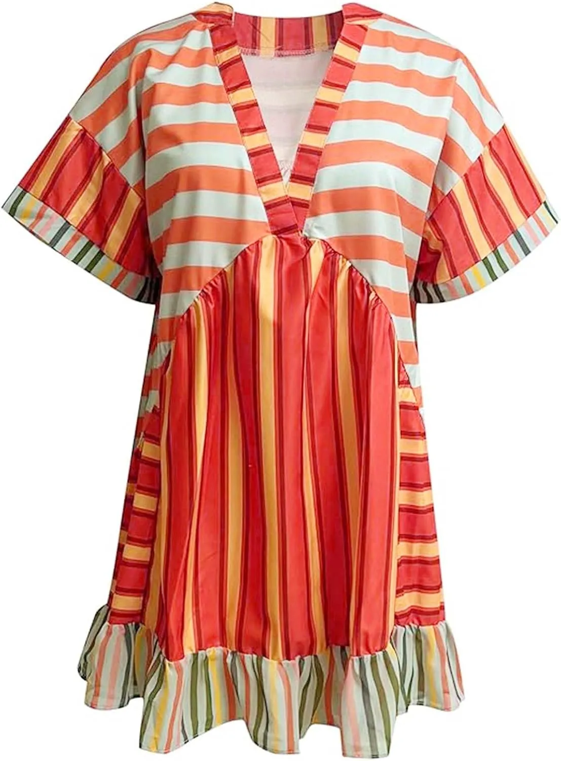Boho Dresses for Women 2024 Patchwork Babydoll Dress Bohemian V Neck Colorful Sundresses Ruffle Flowy Mini Dress