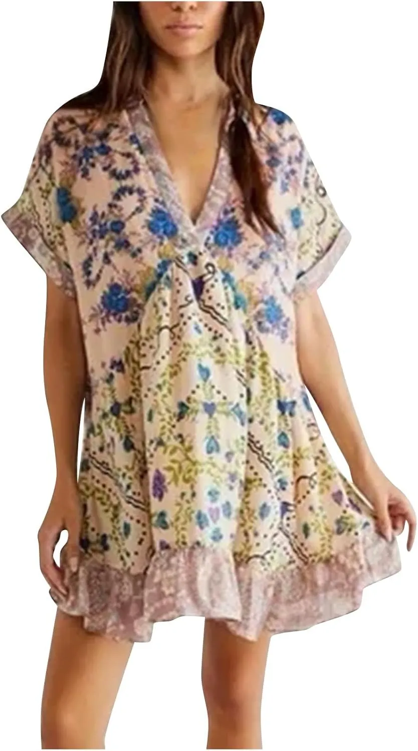 Boho Dresses for Women 2024 Patchwork Babydoll Dress Bohemian V Neck Colorful Sundresses Ruffle Flowy Mini Dress