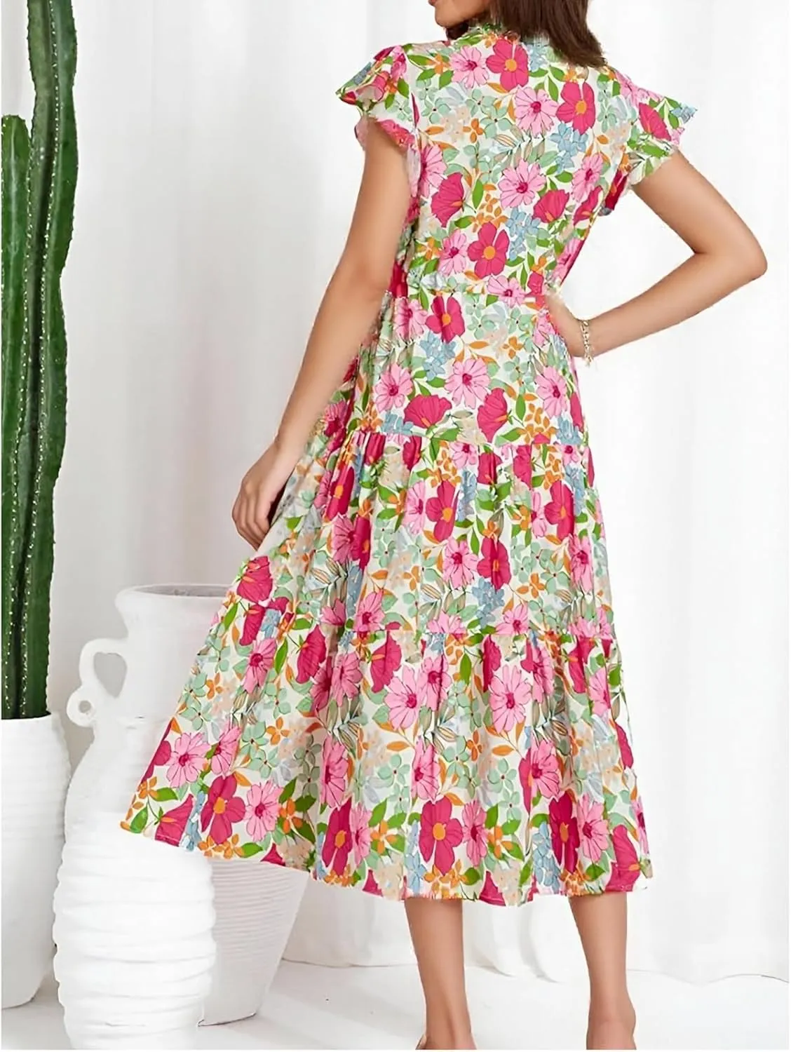 Boho Dresses for Women 2025 Summer Short Sleeve Beach Floral Maxi Dress Flowy Casual V Neck Bohemian Sundress